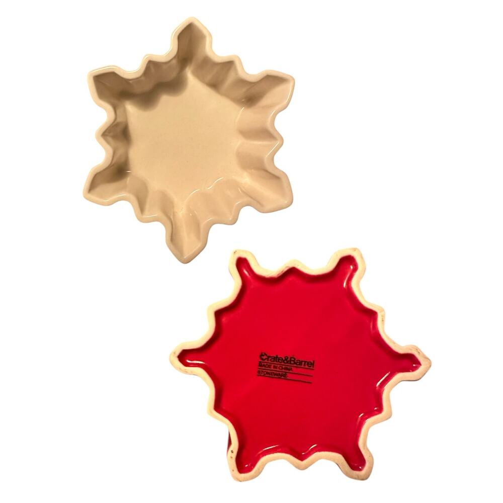 Crate and Barrel pair of red and white ceramic snowflake shape bowls ramekins